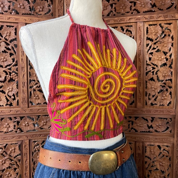 Vintage Coachella Embroidered Striped Red Halter Crop Top Sun & Floral Motif - Picture 5 of 9